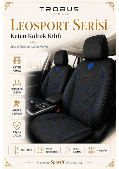 Renault Fluence 2010 Sonrası Uyumlu Leosport Serisi Siyah Mavi Ortopedik Keten Koltuk Kılıfı