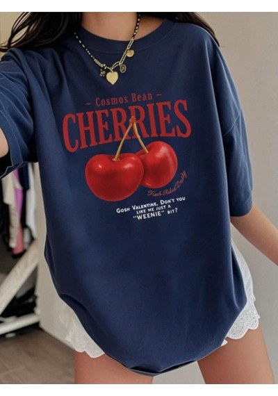 Noıssey Lacivert Red Cherries Baskılı Oversize Unisex