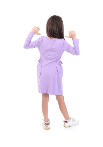 Toontoy Kids Kız Çocuk Baskılı Relax Fit Bisiklet Yaka Uzun Kollu Cepli Elbise - Lila