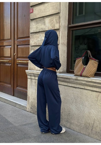 Evoa Kadın Lacivert Dantel Detaylı Kapüşonlu Crop Hırka Palazzo Pantolon 3 Lü Takım