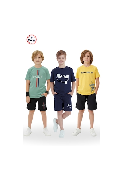 Fyk Kids 3'lü Yuvarlak Yaka Baskı Detaylı Erkek Çocuk 6 Parça Alt Üst Takım Mint-lacivert-sarı