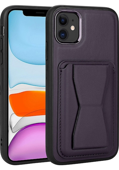 Kilifone - Apple Uyumlu iPhone 11 - Kılıf Kart Bölmeli El Tutacaklı Stand Olan Pu Deri Memo Kapak - Koyu Mor