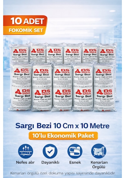 Sargı Bezi 10x10 Metre 10 Lu Paket Kenarları Örgülü Özel Dokuma Ds Sağlık Elastik Bandaj