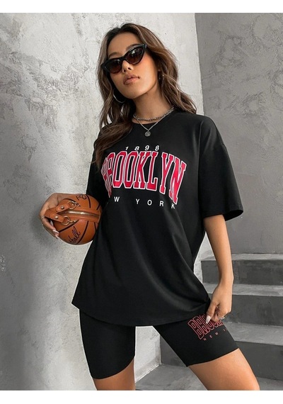 Startmore Kadın Beyaz Mavi Brooklyn Bisiklet Yaka Tshirt Siyah