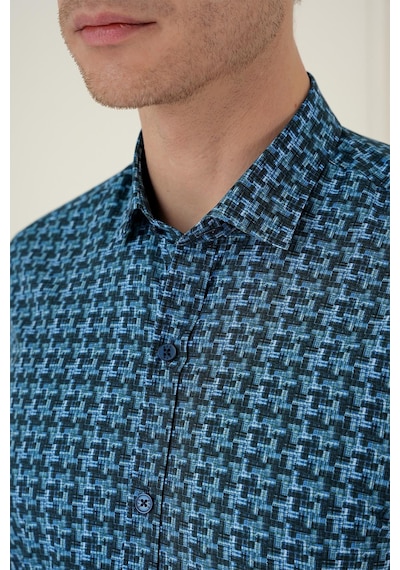 Efor Slim Fit Kazayağı Desenli %100 Pamuk Casual Mavi Gömlek G 1585 Mavi