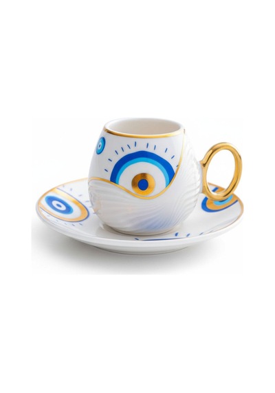 Evil Eye Nazar Boncuğu Desenli 6 Kişilik Porselen Kahve Fincan Takımı Beyaz
