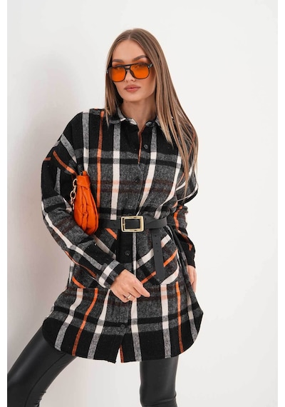 Polologin Butik Kadın Turuncu Siyah Kanguru Cepli Spor Kesim Araboy Gömlek Turuncu