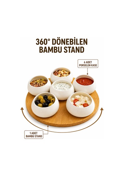 Dönen Bambu Standlı 6 Lı Porselen Kase Seti 360 Kahvaltılık Çerezlik Sosluk Sunum Seti Beyaz