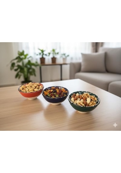 Kabartma Desenli El Boyaması Seramik Kase Seti, 3 Lü Renkli Çini Motifli Dekoratif Sunum Kaseleri, Kahvaltı, Meze, Çerez Ve Servis İçin Çok Amaçlı El Yapımı Kase Takımı