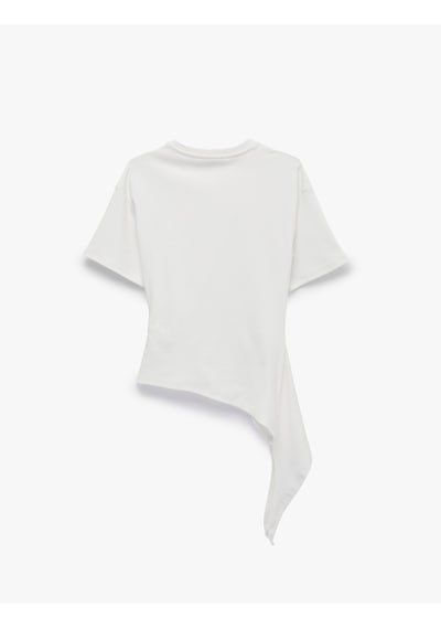Koton Modal Kumaş Slim Fit Bisiklet Yaka Kısa Kollu Asimetrik Tişört Ekru 7wal10313ık