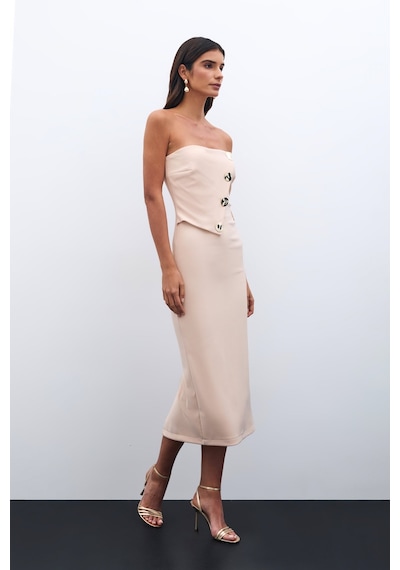 Sateen Düğme Aksesuarlı Straplez Elbise - Bej-135535 Bej Sateen Düğme Aksesuarlı Straplez Elbise - Bej-135535 Bej