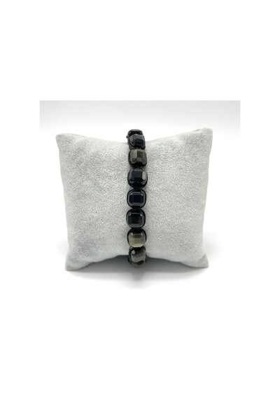 Sertifikalı Obsidyen Küp Kesim Makrome Doğal Taş Bileklik 8 Mm Siyah