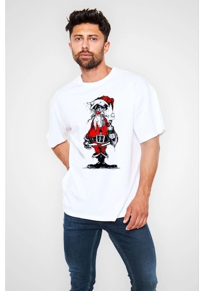 Erkek Kısa Kol Tişört Bisiklet Yaka Yeni Yıl Baskılı T-shirt - Beyaz