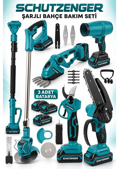 6 Lı Set 3 Akülü Dal Budama Makası-testere-üfleme-çit Budama-çim Biçme-teleskop Kol Mavi Bahçe Bakımı