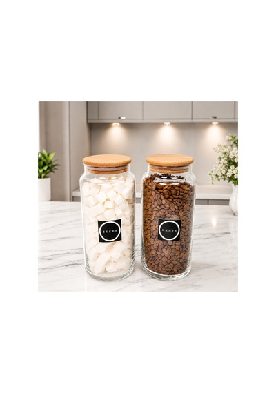 3'lü Ahşap Vakum Kapaklı Çay Şeker Kahve Cam Saklama Kavanozu 1400 Ml Etiket Hediyeli Çok Renkli