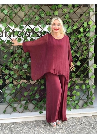 Bohem Stil İtalyan Yarasa Kol İpek Bluz & Pantolon Takım-8767 Bordo