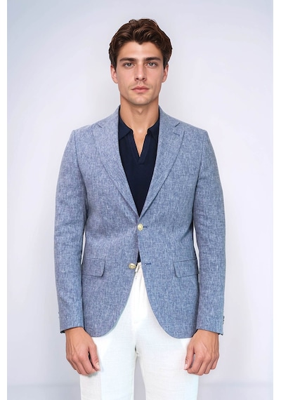 Koyu Mavi Keten Dokulu Gold Renk Metal Düğmeli Slim Fit Erkek Blazer Ceket - Wessi Navy Blue