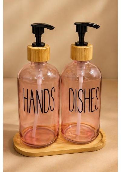 Relly Bambu Standlı İkili Cam Sabunluk Seti 2 X 500 Ml Hands & Dıshes Pembe