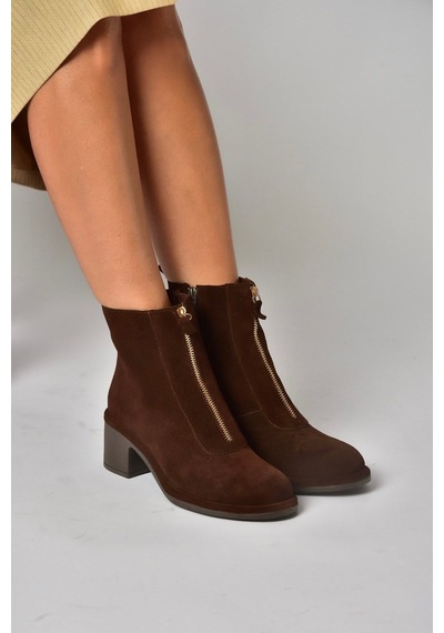 Fox Shoes Z555671002 Kahverengi Hakiki Deri Süet Kalın Topuklu Kadın Bot