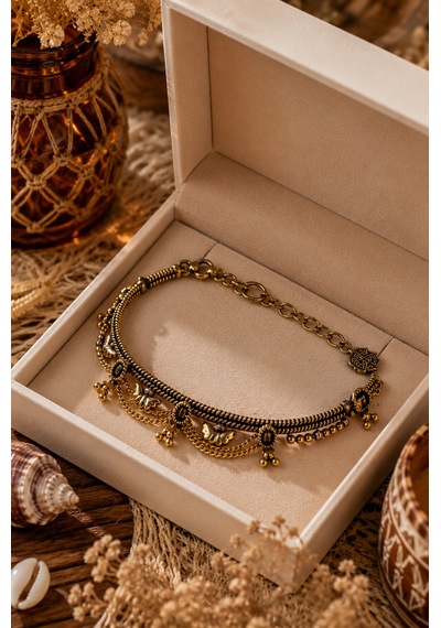 Vintage Zincir Detaylı Kadın Halhal Antik Gold Etnik Ayak Bilekliği Çok Renkli