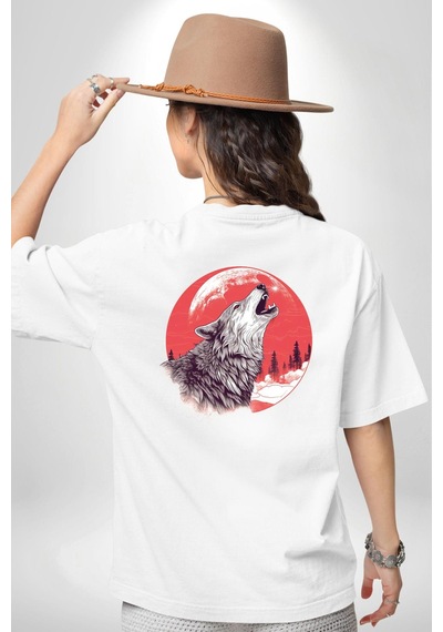 Uluyan Beyaz Kurt Beyaz Oversize Unisex Ön Ve Sırt Baskılı Tişört Beyaz