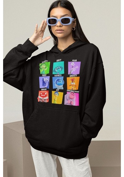 Çizgi Film Ters Yüz Baskılı Unisex Oversize Insiide Out Hoodie Siyah
