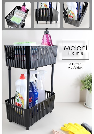 2 Katlı Düzenleyici Mutfak Banyo Rafı - Tezgah Altı Raf Evye Altı Dolap Organizer Deterjanlık Siyah