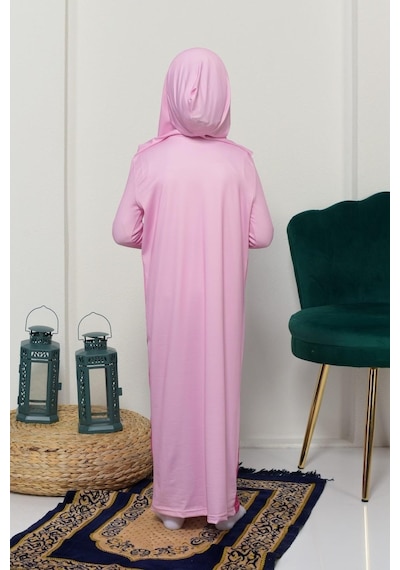 Çocuk Namaz Takımı Pratik Tek Parça Desenli Kollu Tak Çıkar Başörtülü Likralı Tesettür Elbise 6-12 Yaş 925-0201 Pembe