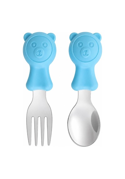 Valkyrie 304 Çelik Panda Bebek Kaşık Çatal Setisilikon Saplı Bpa İçermez Ergonomik Kaymaz Mavi