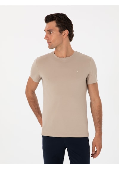 Bej Slim Fit Bisiklet Yaka Pamuklu T-shirt