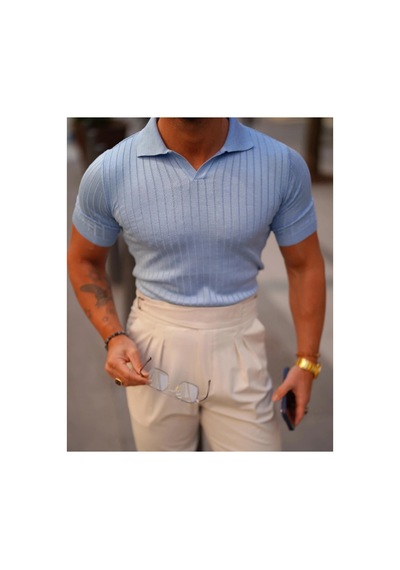 Cool Tarz Erkek Fitilli Polo Yaka Triko T-shirt Mavi Mavi