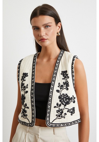 Never More Nakışlı Oversize Yelek Krem Krem