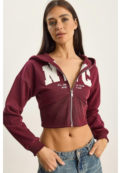 Shade Kadın Nyc Nakışlı Üç İplik Şardonlu Kapüşonlu Crop Hırka 6942 60283794 - Bordo