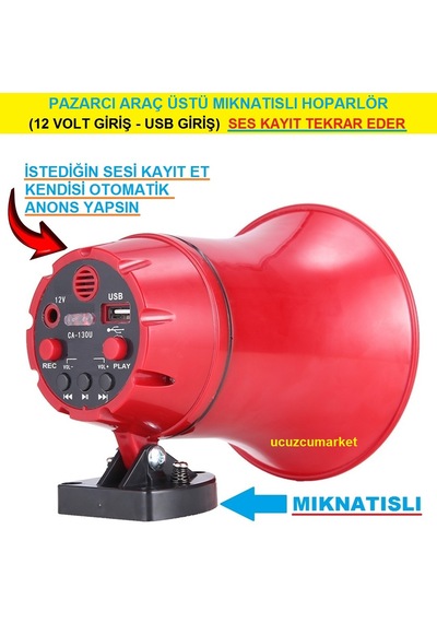 Pazarcı Araç Üstü Anons Hoparlör Mıknatıslı-usb Giriş-dahili Hafıza