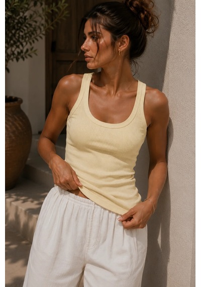 Bb Butik Basic Soft Cotton Fitilli Pamuk Basic Atlet Vücuda Oturan Kalıp Md3571 Sarı