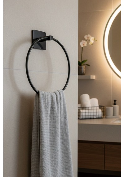 Yapışkanlı Siyah Yuvarlak Havluluk Banyo Mutfak Havlu Askılık Siyah Diğer