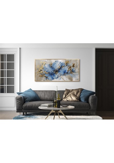 Yağlı Boya Dokulu Tablo Modern Mavi Tek Çiçek Altın Çerçeveli U02030-178884