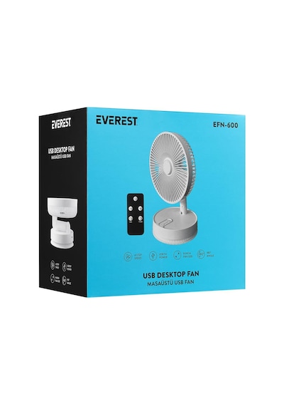 Everest Efn-600 Beyaz 2000mah 8 Inch 4 Kademeli 1500rpm Hız Katlanabilir Masaüstü Usb Fan