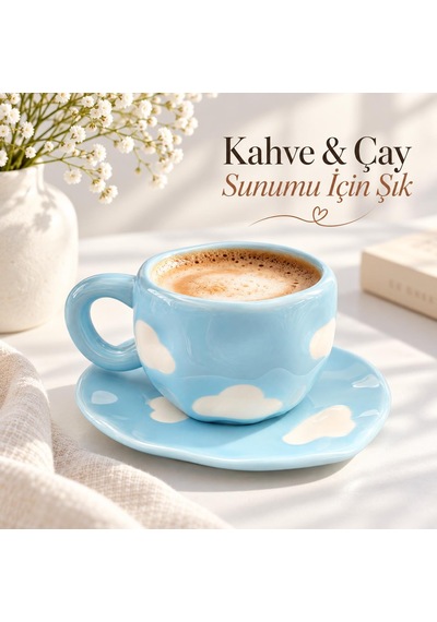 Valkyrie Bulut Desenli Pastel Mavi Kahve Fincanı Ve Tabağı Seti Seramik Şık Tasarım