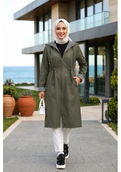 Hb Harma Time Butik Kadın Kapüşonlu Fermuarlı Ara Boy Bondit Kumaş Haki Trenç