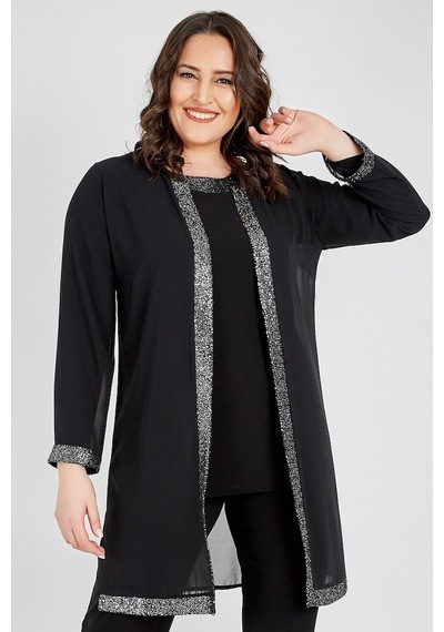 Ladies First Büyük Beden 3717 Siyah Gümüş Ceket+Bluz Ikili Takım