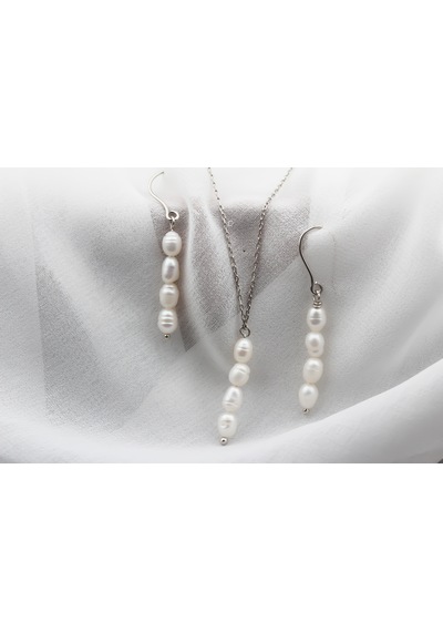 Glorria Gümüş Kolye Ve Küpe İnci Set Gümüş