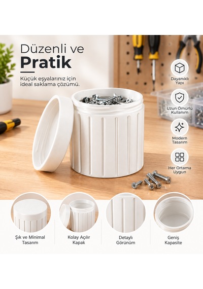 Kapaklı Silindirik Saklama Kutusu 70x75 Mm Küçük Parça Vida Civata Düzenleyici Organizer Vida Kutusu ,küçük Parça Organizer , Kapaklı Saklama Kutusu Beyaz