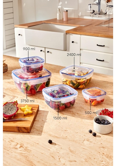 Kare 5 Parça Contalı Vakumlu Sızdırmaz Hava Almaz Saklama Kabı Seti 3750/2400/1500/900/500 Ml Şeffaf