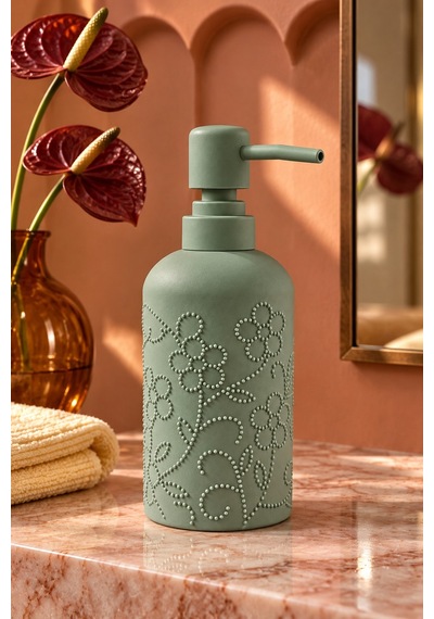 Rosıe Adaçayı Yeşili Çiçek Dokulu Yuvarlak Seramik Sıvı Sabunluk 350 Ml Karışık