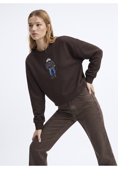 Fabrika Kahverengi Kadın Bisiklet Yaka Loose Fit Nakışlı Sweatshirt F6wl-swt0086 Kahve