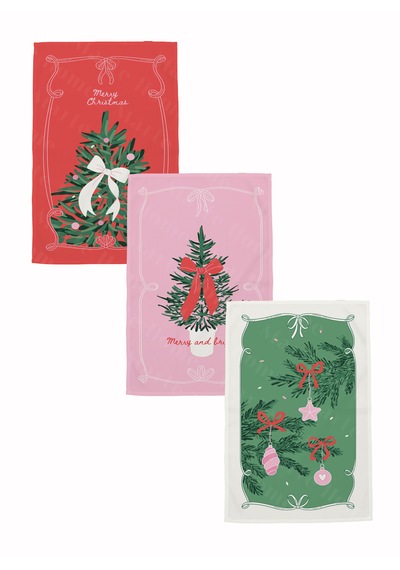 Yılbaşı & Christmas Desenli Tek Taraf Baskılı 3'lü Mutfak Havlusu Kurulama Bezi Seti 60x40 Cm Kırmızı - Yeşil - Pembe