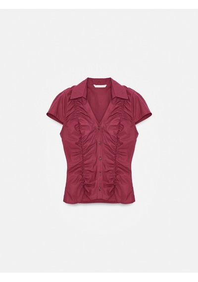 Dilvin 50546 %100 Pamuk Büzgülü Poplin Top-bordo