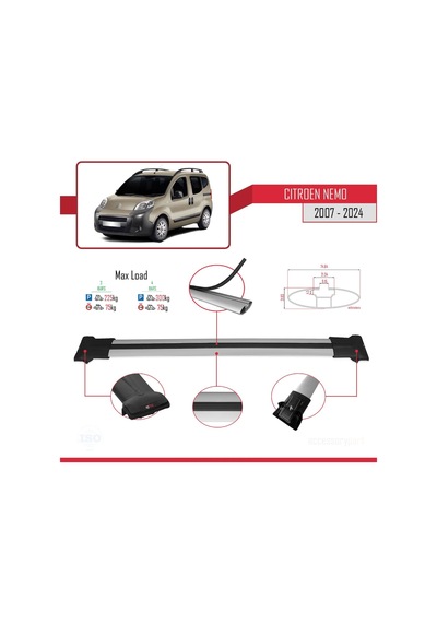 Citroen Nemo 2007 Ve Sonrası İle Uyumlu Fly Model Ara Atkı Tavan Barı Gri 4 Adet Bar