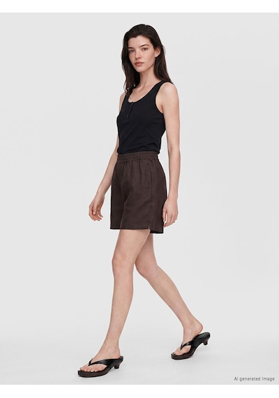 Lcw Comfort Kahverengi Beli Lastikli %100 Keten Kadın Şort